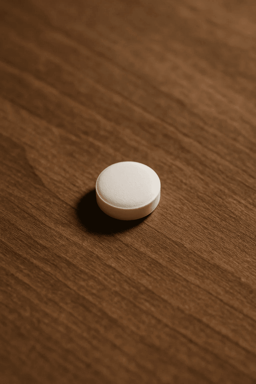 Round white pill casting shadow on wooden surface