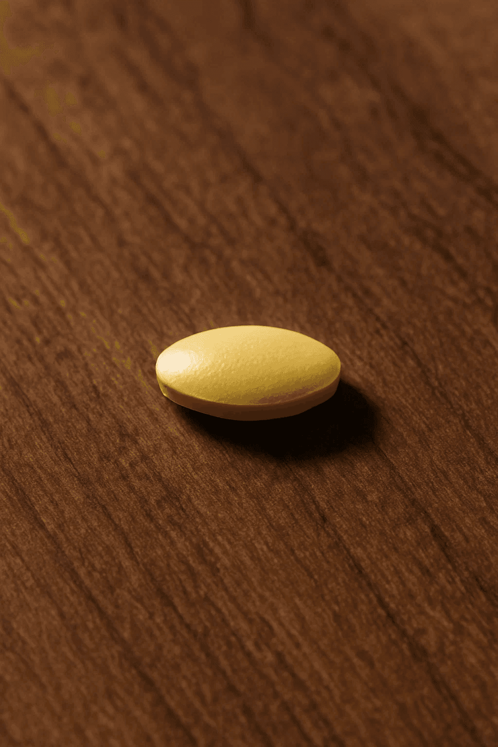 Oblong yellow pill casting shadow on wooden surface