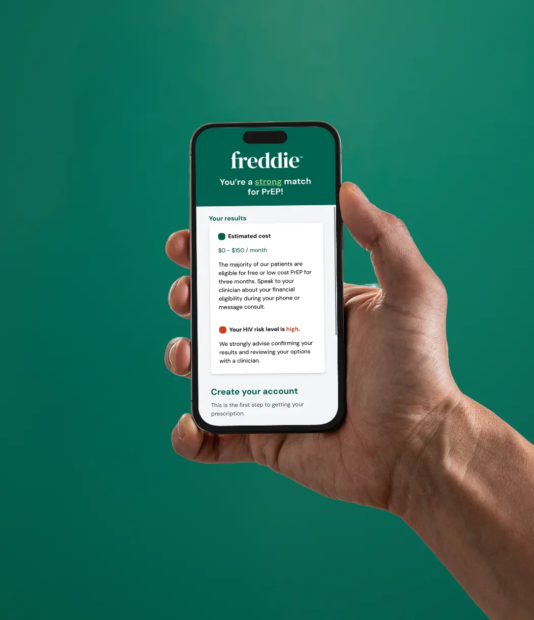 Hand holding a smartphone showing Freddie's health assessment form